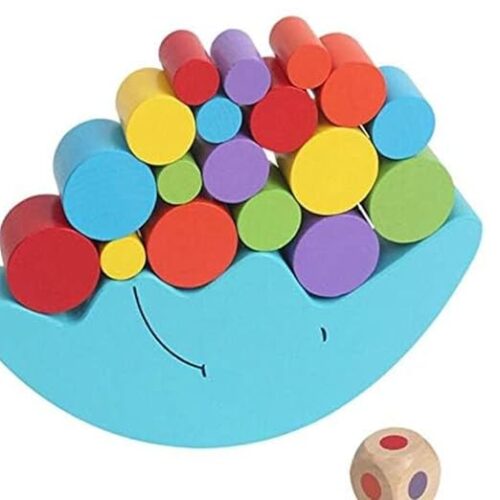 Little Mind Wooden Balance Game for Kids 3+ | Hedgehog Shape Stacking & Balancing Toy with Colorful Wooden Cylinders & Dice