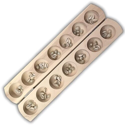Vamana Guntalu/Pallanghuzi/Mancala Wooden Board Game with 70 Sea Shells and Storage Bag - 14 Pit, Made for Neem Wood (Model 1)
