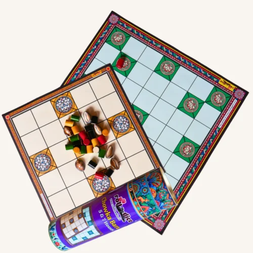 Classic Chowka Bara Board Game | 5 & 7 House Combo Set with Durable Mat and Pawns